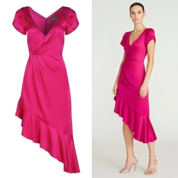 New Theia Lisette High-Low Ruffled Soft Dahlia Cocktail Midi Dress NWT Size 6 - Picture 3 of 15